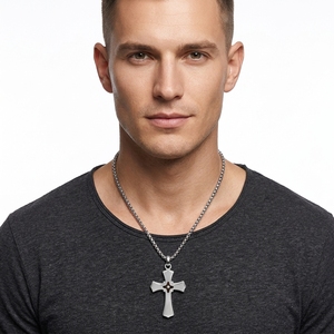 Collier pendentif TIZTI en bois d'ébène naturel et 1 pierre CZ incrustée, croix religieuse en acier inoxydable pour homme - Product Image 3