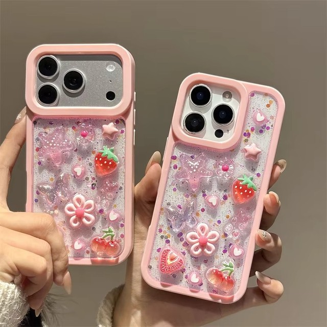 Glitter Strawberry Butterfly Mobile Phone case for iPhone 17 Air 16 15 14 Pro Max Flower Resin Cherry DIY Stars Love Back Cover