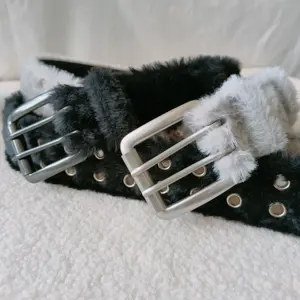 Wholesale Hot Selling Faux Fur Leather Belt Men Double Pin Buckle Double Studded Holes Black And Grey Color Full Grain Leather
