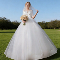 Robe de mariée élégante en satin à manches mi-longues, robe de mariée simple longue jusqu'au sol, blanc/ivoire, disponible en grandes tailles
