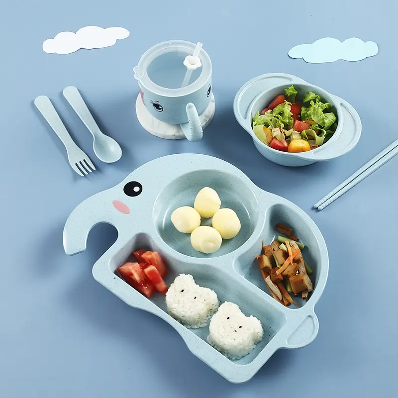 Hot Koop Baby Fruit Diner Cartoon Gerechten Plaat Set Olifant Ontwerp Kinderen Tarwestro Servies Set Met Lepel En Kom