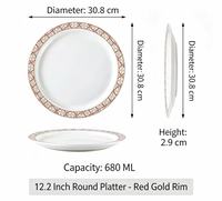 Plat de service en porcelaine blanche de luxe moderne avec bordure rouge dorée, écologique et compatible lave-vaisselle, pour mariage, banquet, table à manger à domicile