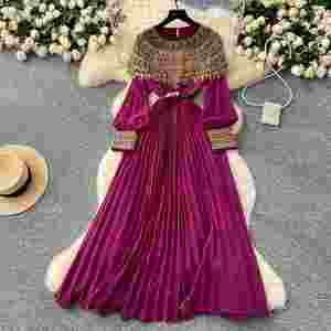 Robe midi plissée Empire patchwork pour femme, tunique romaine à manches longues, tissée, respirante, lavable, durable, été 2025 - Product Image 1
