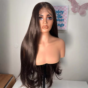 Peluca sintética resistente al calor con encaje frontal transparente 13*4, de color marrón oscuro, con ondas grandes y curvatura natural, para mujer. - Product Image 1
