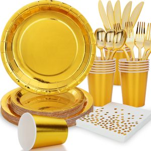 Set <span class=keywords><strong>di</strong></span> Stoviglie Usa e Getta Dorate per Feste, Piatti da Dessert, Set <span class=keywords><strong>di</strong></span> Posate Oro e Argento, Decorazioni per Feste - Product Image 1