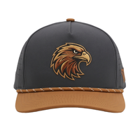 Gorra Trucker Deportiva Personalizada al por Mayor de 5 Paneles con Logotipo Bordado de Alta Calidad, Cuerda de Esponja Marrón y Parche de Águila Tejido