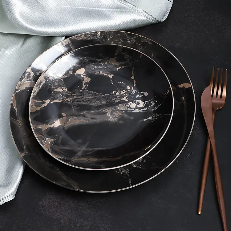 Italain-vajilla moderna para restaurante, juego de platos de cerámica de lujo, color negro, buena calidad