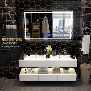 Mármol lavar doble lavabo cuarto de <span class=keywords><strong>baño</strong></span> vanidad de piedra Artificial de gabinete de espejo con luces Función de gabinete de madera - Product Image 4