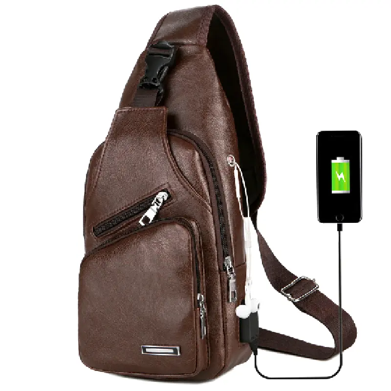 メンズショルダー用USB充電ポートファッションビーガンレザーメッセンジャーバッグ付き防水PUチェストバッグ