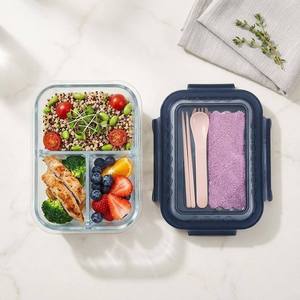 Boîte à bento en verre à 3 compartiments avec couverts, couvercle bleu profond, système de ventilation breveté, étanche, en verre borosilicate, pour la préparation des repas, compatible four - Product Image 1
