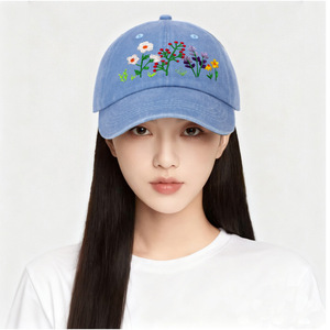 OEM/ODM 仿手工刺绣棒球帽，复古水洗花园花卉刺绣鸭舌帽，女式夏季遮阳帽 - Product Image 4