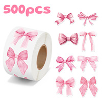 Lot de 500 autocollants adhésifs roses en forme de nœud de dessin animé, étiquettes de bénédiction adorables, fournitures de décoration pour emballages cadeaux de fêtes