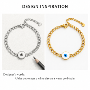 Gold Tone Link Bracelet Stainless Steel 14K Gold Vacuum Plated White and <b>Blue</b> Enamel Lobster Clasp - Product Image 3