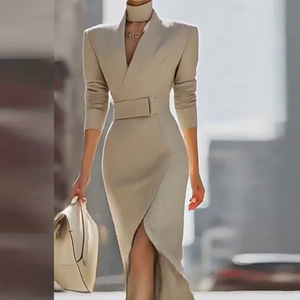 Abito Vintage da Donna, Slim Fit, Scollo a V, Vita Alta, Lunghezza Media, in Poliestere, Moda Autunnale - Product Image 3