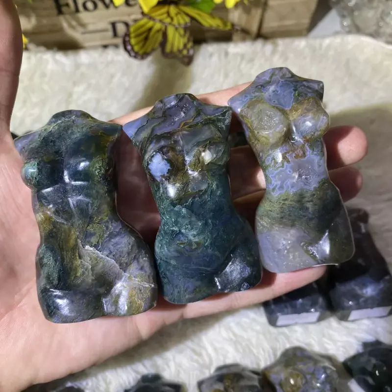 High Quality Natural Hand Carved Moss Agate Women Body Model Carving For Decoration Gifts