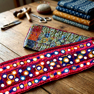 Cinturón Étnico Bordado de Algodón con Patrón Rojo, Azul y Naranja, Accesorio Hecho a Mano - Product Image 1