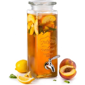 Tarro de cristal cuadrado alto, dispensador de bebidas con espiga de acero inoxidable y tapa de vidrio, botella de bebida de 80 onzas - Product Image 1