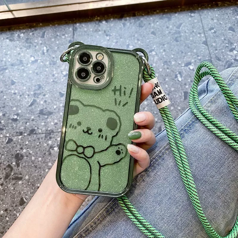 Gelgit marka karikatür elektroliz glitter ayı iPhone15promax 14promax 13pro için cep telefonu kılıfı Crossbody halat 12 koruyucu