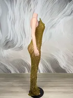 Robe de soirée longue en cachemire argenté à franges et chaînes en strass, sans manches, pour femme, idéale pour bal de promo ou anniversaire