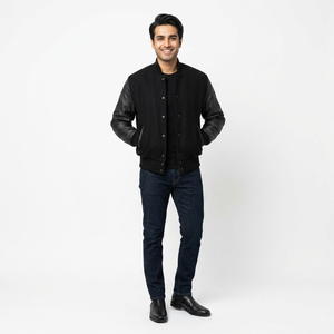 Men's Custom Color Varsity Jacket with Stand Collar Breathable Knitted Fabric <b>Covered</b> <b>Button</b> Closure Casual Outerwear - Product Image 1