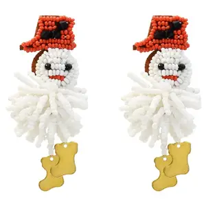 Glass seed beads big charm beaded bohemian boho beads drop dangle christmas snowman earrings white for Women