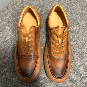 Qinhong Kuqi Men's Genuine <b>Leather</b> Casual <b>Sneakers</b> Dark Brown Thick Sole Mid Heel Handmade Front Laces Solid Color Chunky Shoes - Product Image 2