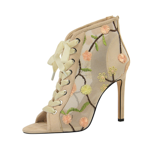 189-3Europe và Hoa Kỳ sexy mỏng gót cao gót lưới hollow ren hoa thêu chủ đề với dép miệng cá sandal - Product Image 4