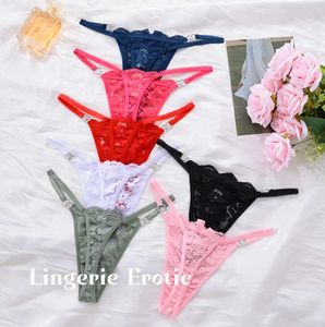 Culottes tentantes femmes taille basse t-back voir à travers la dentelle évider broderie érotique bandes minces avec anneau en métal - Product Image 6