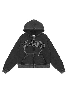 Vintage Washed <b>Black</b> Zip up Hoodie Oversized Boxy Heavy Cotto Jacket Blank Custom Logo Streetwear Zip <b>Sweatshirt</b> Wholesale - Product Image 5
