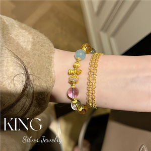 King Silver Jewelry Crystal <b>Bracelet</b> S925 Gold Plated Multicolor Natural Stone Unisex Everyday Wear - Product Image 3