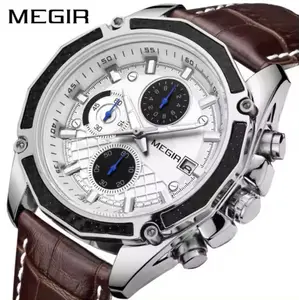 Hot Sale Megir 2015 Fashion Business Chronograph Date Clock Wristwatch Alloy Luxury Quartz Leather Waterproof Luminous Watch Men