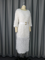 Robes de bureau pour femmes, col rond, manches trois quarts, ceinture, plumes