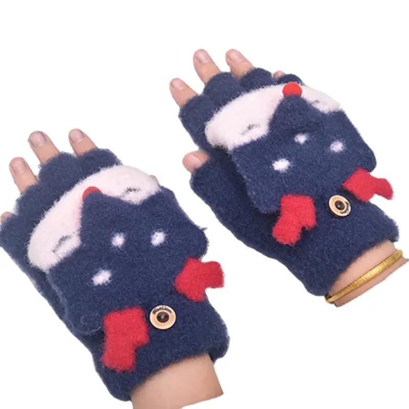 Guantes de invierno personalizados para niños, cálidos, de punto, con solapa y botón, con medio dedo, oso bonito