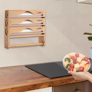 Boîte de Rangement en Bambou pour Film Alimentaire et Papier d'Alu avec Coupe-Papier Intégré, Porte-Serviettes Mural et Compartiment Caché pour Grattoir Multi-usages - Product Image 3