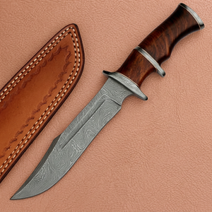 Cuchillo de caza de acero de Damasco con punta de clip y mango de madera, hoja recta de grado industrial para uso en exteriores, Short Sign Industry - Product Image 1