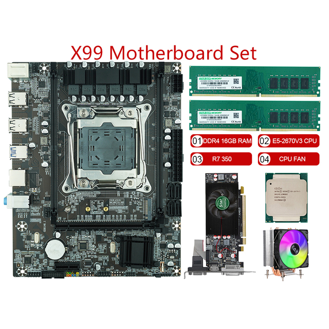 Wholesale X99 Motherboard LGA 2011 Set Kit With for Intel Xeon E5 2670 V3 CPU 16G 2*8G DDR4 ECC RAM 2666Mhz M-ATX NVME M.2