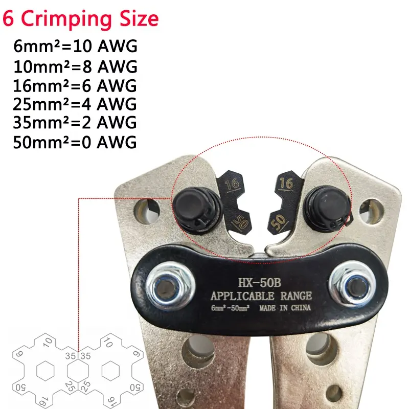 HX-50B 10-0AWG 6-50mm pince à sertir hexagonale couleur bleue outil de sertissage de câble de batterie avec 60 cosses de câble non isolées
