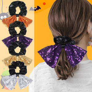 Halloween PU Leather Scrunchies With Glitter Sequin <b>Bow</b> High Elastic Hair Ties Women Cosplay Party Festival Hair Accessories - Product Image 2