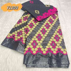 Haute qualité 100% coton africain riche Bazin dentelle ensemble bleu marine couleur Guniea <span class=keywords><strong>brocart</strong></span> 5 Yards + 2 Bazin dentelle Inmyshop - Product Image 4