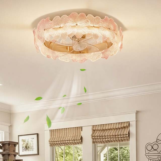 French Luxury Pink Glass Ceiling Lamp with Fan for Living Dining Room Villa Hotel Cafe Remote Control Mode Fan Lights