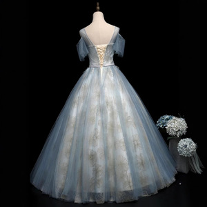 Light Blue Off The Shoulder Ball Gown Evening Dress With Floral Print Empire Waistline Organza Fabric For Adult Women - Product Image 3