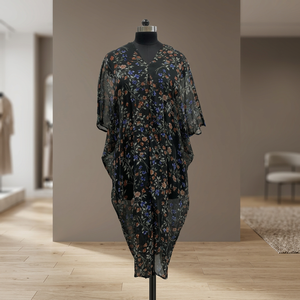 Floral Print Chiffon Maxi <b>Dress</b> V-Neck Loose <b>Boho</b> Cap Sleeve Asymmetrical Hem <b>Summer</b> Casual <b>Dress</b> - Product Image 3