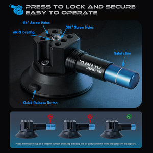 Support de voiture YUANYUJINGMI à ventouse puissante de 3 pouces, base en alliage d'aluminium, double vis 1/4" et 3/8", fixation rapide pour caméra d'action - Product Image 4