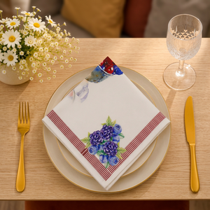 Serviette en coton de qualité supérieure avec imprimé floral aux bleuets et bordure décorative |   Serviette de table en coton imprimé pour la table à manger - Product Image 3