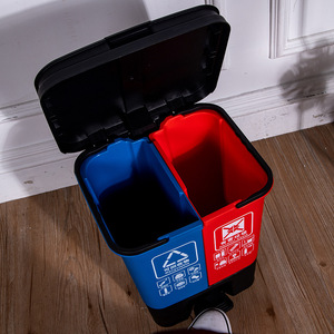 Contenedor de basura de doble compartimento con tapa, accionado con el pie, de gran capacidad, comercial, para separación de residuos secos y húmedos, de plástico. - Product Image 2