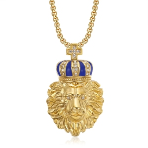 Hop Hop Silber Vergoldeter Löwen-Anhänger mit Tiefblauer Krone und Zirkonia Edelstahl-Halskette für Herren Königlicher Schmuck - Product Image 5