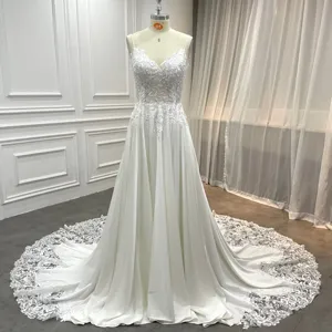 Versand bereit Hochwertige A-Linie Strand Brautkleid Elegante Chiffon Spitze Beige Kleid Hochzeit