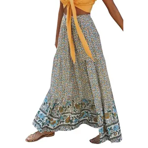 Jupe longue plissée avec imprimé Floral pour femmes, taille haute, ligne A, style Boho, nouvelle collection