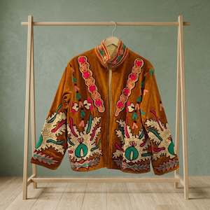 Veste en velours à col mandarin avec motif floral brodé à la main, manches longues, vêtement d'automne pour femmes, longueur standard - Product Image 4