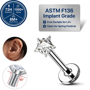 JIAXIN ASTM F136 Titane de qualité implantable, Stud <span class=keywords><strong>Labret</strong></span> à filetage interne avec motif étoile et zircone cubique, pour <span class=keywords><strong>piercing</strong></span> lèvre, tragus, hélix, bijou corporel, cadeau - Product Image 1